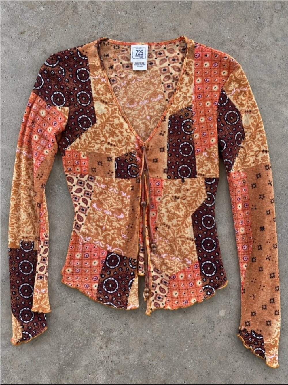 725 Originals Patchwork Paisley Tie Front Mesh Top Woman Small Sheer Y2K Boho